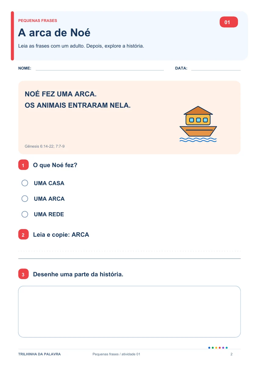 Ficha A arca de Noé, com leitura, compreensão e desenho
