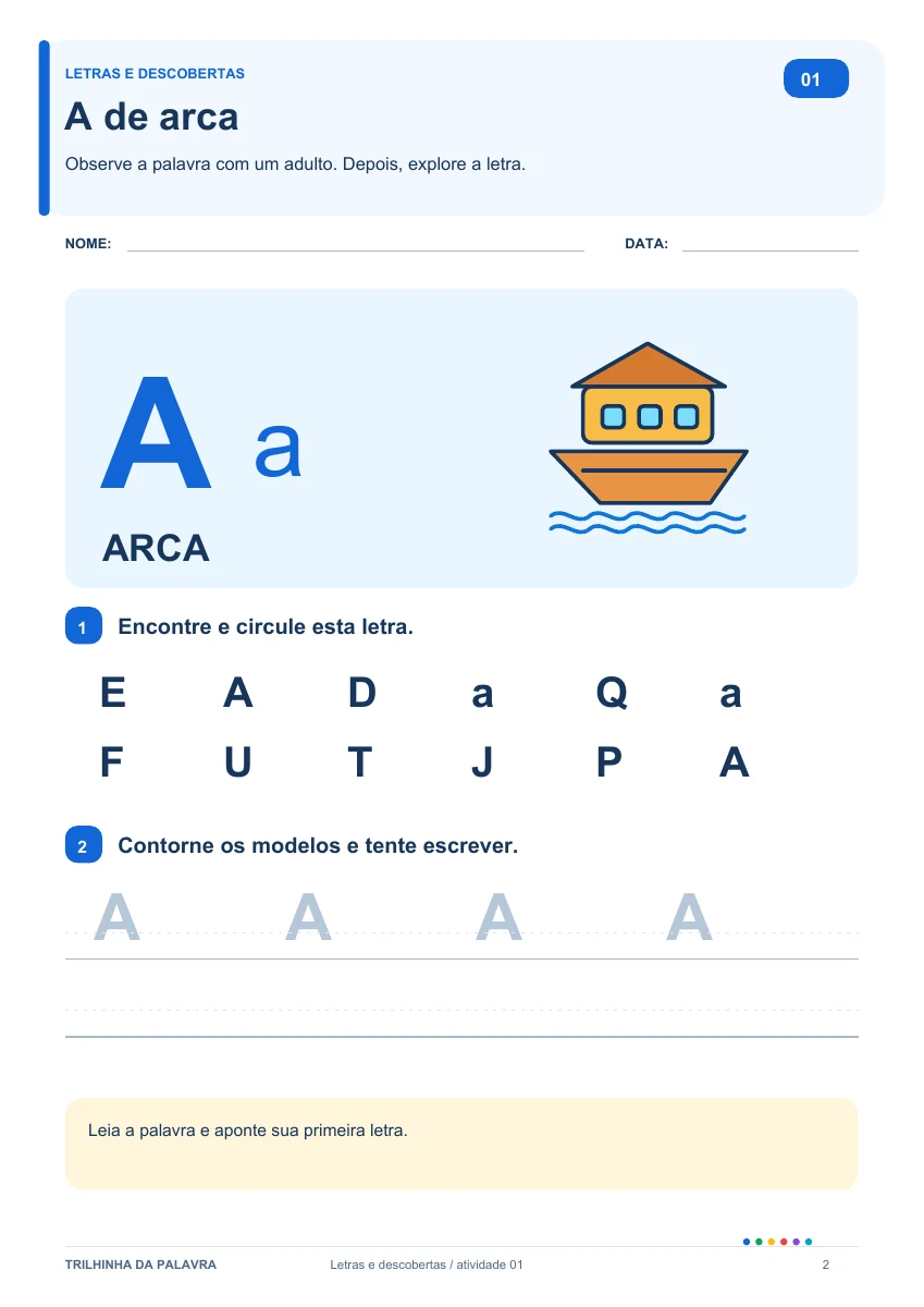 Ficha A de arca com reconhecimento de letras e escrita