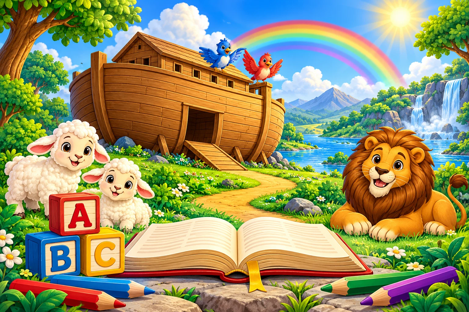 Mundo ilustrado com arca, arco-íris, ovelhas, leão, livro e letras coloridas
